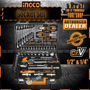 INGCO Industrial 77 Pcs 1/4in & 1/2in CrV Ratchet Socket & Tool Set - HKTHP20771