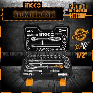 INGCO 25pcs 1/2″ Socket set (Ratchet Wrench, 10-32mm sockets, Universal joint, extension bar, spark plug sockets, Sliding T-bar) – HKTS12251