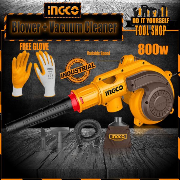 Ingco INDUSTRIAL 2 In 1 - Vacuum Cleaner And Aspirator Blower - 800W Variable Speed and 100% Copper Motor Winding With Free INGCO Nitrile Rubber Gloves - AB8038
