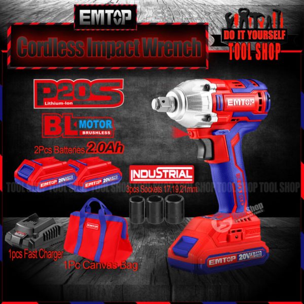 Emtop Original Industrial Li-ion Cordless Impact Wrench with 2 pcs Batteries 2.0Ah & 3Pcs Socket 17,19,21mm ECDLIW20221