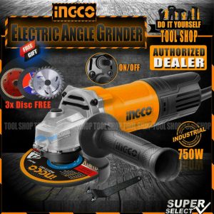 Ingco Industrial Electric Angle Grinder 4 Inch - 750W with Free 3x Disc for Metal / Marble Tile / Wood AG75028