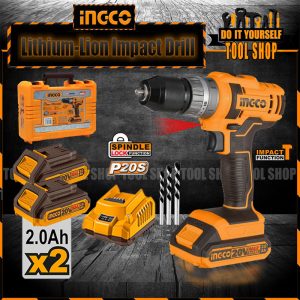 Ingco CIDLI201452 Cordless Lithium-Ion Impact Drill With 2 Pcs 20V Batteries 2.0AH and Fast Charger Ingco pakistan official store