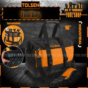 TOOL BAG • Rigid frame for easy opening and access • Reinforced plastic base for durability • Special partition of the internal and external pockets, easy access to the tool compartment • Adjustable shoulder strap included • Packing: poly bag with paper card STOCK NO. 80103
