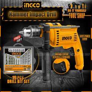 Ingco Impact Drill Machine Hammer Function - 680W Copper Veritable Speed - Reverse/Forward Option With Free 19 pcs Drill Bit Set - tool shop.pk