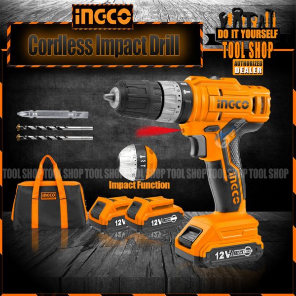 Ingco Cordless Lithium-Ion Impact Drill 12V - Double Batteries CIDLI1222 Ingco CIDLI200215 Cordless Lithium-Ion Impact Drill With - toolshop.pk