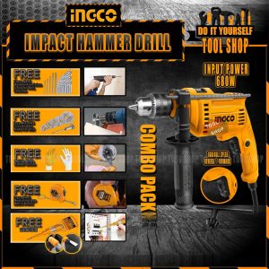 Combo of 1 Ingco Impact Drill Machine Hammer Function - 680W Copper Veritable Speed - Reverse/Forward Option (Total 28 Pcs) - ID6808