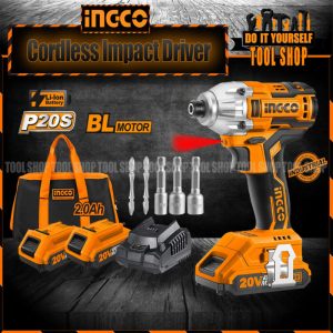 INGCO Lithium-Ion Cordless Impact Driver BRUSH LESS MOTOR POWERSHARE With 2 Pcs 20V- 2.0AH Batteries and Fast Chargers CIRLI2002