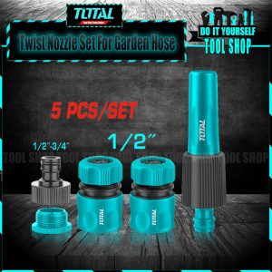 Total 5 pcs Hose Connector Set - 2 Quick Connectors 1/2 inch - 1 Threaded Tap Connector with Reducer - 1 Adjustable Spray Twist Nozzle - use for Pressure Washers - Car Wash - Gardening Watering Plants - Bathing Pets - General Washing - Total THHCS05122
