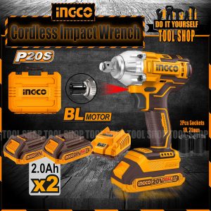 Ingco CIWLI2038 Li-ion Cordless Impact Wrench with 2 pcs Batteries 2.0Ah & 2Pcs Socket 19,21mm