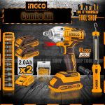 Combo COSLI23011 Kit INGCO Cordless Impact Wrench (1/2 inch) - Cordless Work Lamp - DR. Impact Socket Set - Screwdriver Bits Set toolshop.pk - ingcotool.pk