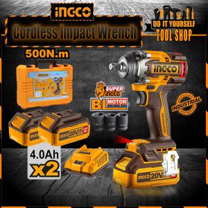 Ingco CIWLI2050 20V Lithium-Ion Cordless 500N.m Impact Wrench with 2 Pcs 4.0Ah Batteries with Charger
