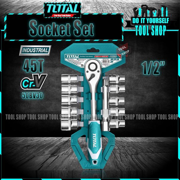 TOTAL THT141121 12 Pcs Ratchet Socket Set 1/2" - CrV Material - Industrial total tool official home page total tool pakistan hand tool and power tool