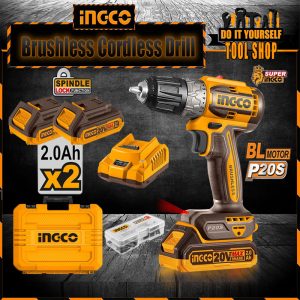 Ingco Lithium-Ion Cordless Drill 20V with 2x Battery & Charger 47 Pcs Accessories Brushless Motor CDLI20453