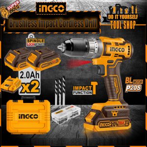 Ingco Impact Lithium-Ion Cordless Drill 20V with 2x Battery & Charger 47 Pcs Accessories Brushless Motor Masonry Dill Bits CIDLI20508