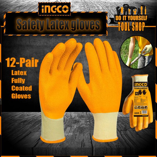 Ingco Latex Gloves Textured Palm Latex Fully Coated HGVL04-XL 12 Pair