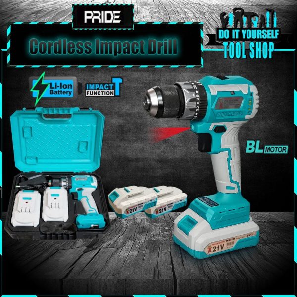 Pride lion Cordless Impact Drill Driver 21V Brushless - 2x Batteries with Case Lithium-Ion PL914W